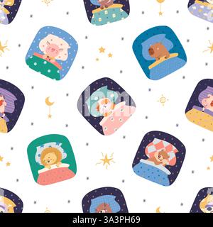 Niedliche Tiere im Bett, nahtloses Muster. Schlafende Katze Panda Löwe Schwein, lustiges Tier. Sweet Dreams Stoffmuster mit Sternen, heute Vektor Stock Vektor