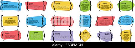 Rahmen mit Textklammern in Anführungszeichen setzen. Angebotsbox, farbenfrohes Zitierbanner für Zitate, Zitate und Erfahrungsberichte. Nachricht in Klammern, Kommentar, Feedback Stock Vektor