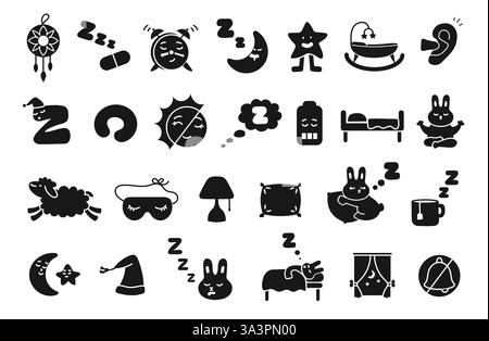 Symbole für den schablonenden Ruhezustand. Schlaf- und Nachtraum, Schlaftablette mit ZZZ Schnarchen, Ruhemaske, Traumfänger, Kissen, Bett und Wecker. Schlaflosigkeit und Stock Vektor