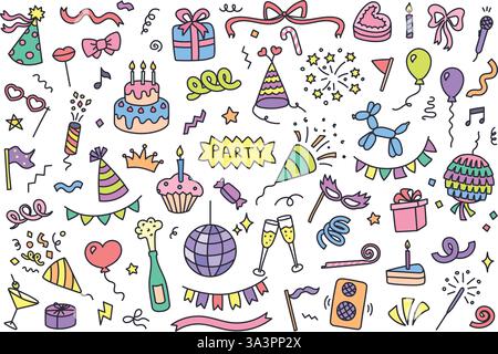 Handgezeichnete Partydekorationen. Feierkritzeleien mit Partymütze und Blowouts, Geburtstagskuchen, Geschenkboxen, Ballons, Feuerwerk, Bänder und Konfetti Stock Vektor