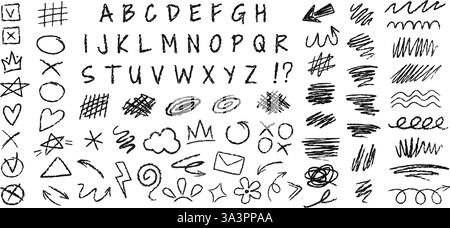 Holzkohlekritzeleien. Buntstifte, Scribble-Squiggles, skizzierte Häkchen und scharfe Pfeile. Freihandbuchstaben mit Grunge-Textur, handgezeichnet Stock Vektor