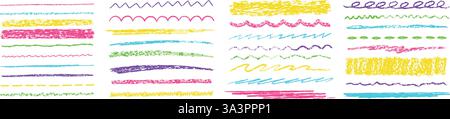 Buntstifte Linien und Striche. Scrawl Separator, strukturierter Kreidestrich, Trennlinie mit Kritzelung und handgezeichneter Rande. Gerade, lockig, wellig und Stock Vektor