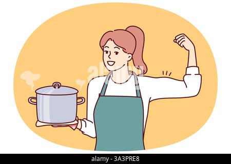 Die Köchin hält Suppe und zeigt Bizeps als Zeichen des Stolzes, komplexe Gerichte zubereiten zu können. Die Hausfrau in der Schürze lächelt und lädt dazu ein, köstliches hausgemachtes Essen aus gesunden Zutaten zu essen Stock Vektor