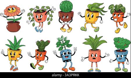 Retro-Zeichentrickfiguren in Topfform. Groovige Zimmerpflanzen-Maskottchen, lächelnde Blume, lustiger Topf mit Kakteen und saftiger mit lächelndem Gesicht. Heim Garten Stock Vektor