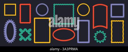 Verzerrte Rahmen. Abstrakter Rahmen mit gewellten Kanten, funky gezackten Rändern für trendige Fotos, gewelltes Etikett und Abzeichen. Geometrische dekorative Kanten Stock Vektor