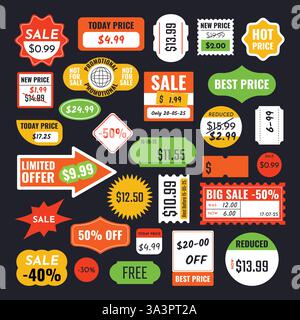 Preisschildvorlagen. Retro-Verkaufsetiketten, Rabatte in Starburst-Form, Preisrahmen für heute, limitiertes Angebot und Werbeanhänger aus Papier. Heiß, am besten und neu Stock Vektor