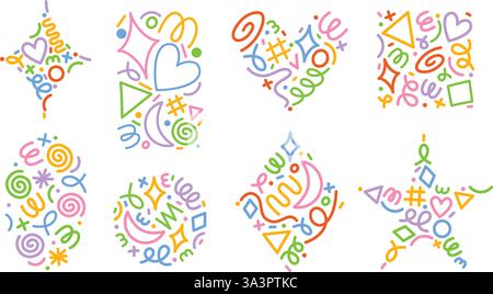 Farbenfrohe Linienmuster. Abstrakte geometrische Figuren mit handgezeichneten Schnitzeln, Wirbeln, linearen Symbolen und welligen Linien. Konfetti-Design Stock Vektor