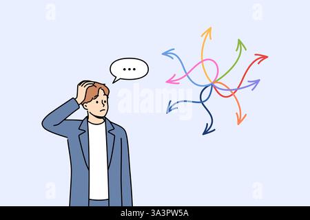Geschäftsmann steht vor einer schwierigen Wahl, fühlt sich verwirrt und sieht Pfeile, die in verschiedene Richtungen zeigen. Der Manager hat aufgrund fehlender Strategien für die Karriereentwicklung eine schwierige Wahl Stock Vektor