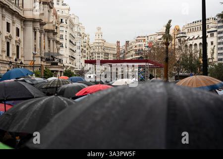 Valencia, Spanien - 17. März 2025. Mascletà pyrotechnisches Feuerwerk auf der Plaza del Ayuntamiento (Rathausplatz), erschossen von Pirotecnia Vulcano. Eine riesige Menschenmenge hilft bei Ekstase und Konzentration mitten im Regen, Lärm und Feuerrauch. Quelle: Roberto Arosio/Alamy Live News. Stockfoto