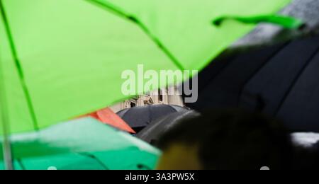 Valencia, Spanien - 17. März 2025. Mascletà pyrotechnisches Feuerwerk auf der Plaza del Ayuntamiento (Rathausplatz), erschossen von Pirotecnia Vulcano. Eine riesige Menschenmenge hilft bei Ekstase und Konzentration mitten im Regen, Lärm und Feuerrauch. Quelle: Roberto Arosio/Alamy Live News. Stockfoto