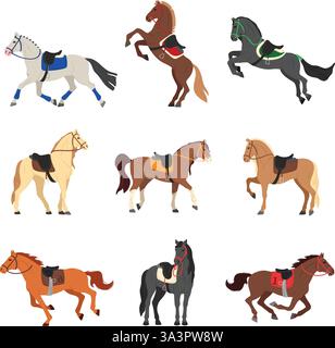 Sattelpferde. Galoppierende und trabende Pferde, Pferderennpferde mit Sätteln in Steh-, Lauf-, Aufzucht- und Springpositionen. Equiden Stock Vektor