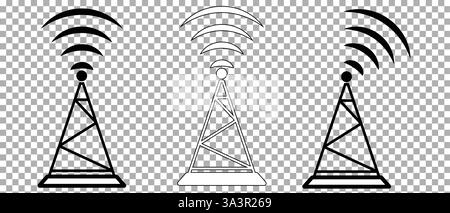Set des Funkturm-Symbols. Internet- und Mobilfunkverbindung. Lineare Ausführung. Vektorabbildung isoliert auf transparentem Hintergrund Stock Vektor