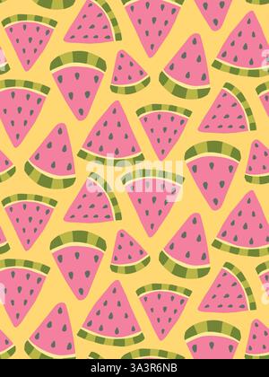 Nahtloses Muster von Wassermelonenscheiben auf gelbem Hintergrund, perfekt für Sommer- und Fruchtmotive Stock Vektor