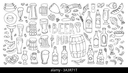 Vector Hand gezeichnete Doodle Bier Pub Elements Tassen Flaschen Snacks Meeresfrüchte auf weiß Stock Vektor