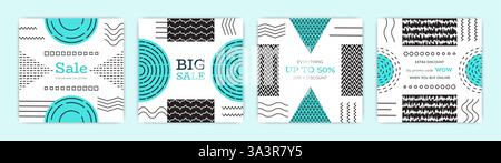 Abstrakte Formen. Sonderangebot. Bannerdesign für soziale Medien. Memphis-Muster. Geometrische Linien. Sonderangebot anzeigen. Online-Einzelhandelsmarketing. Rabatt in Prozent. Vektor Shopping Square Karten Set Stock Vektor