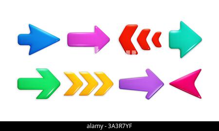 3D-Pfeil. Nach unten, rechtes Glassymbol oder Cursorrichtung, Nächstes nach oben oder linkes Rendern. Niedliche digitale Taste. Isolierte Glanzfarbelemente. Navigation digitale Zeigeobjekte. Abstrakte benutzeroberfläche. Vektor-Zeichentrickset Stock Vektor