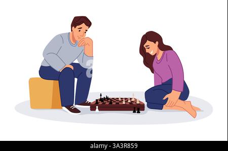 Heimbrettspiele. Paare spielen gemeinsam Schach. Die Spieler denken über die Schachmatt-Strategie nach. Junger Mann und Frau sitzen auf dem Boden mit Schachbrett. Turm- und Pfandstücke. Freunde herausfordern. Vektorkonzept Stock Vektor