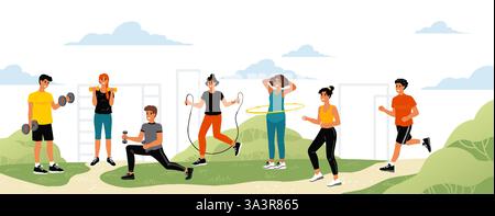 Sportübung. Athleten Workout. Cardio-Training auf der Straße. Drehkreuze parken. Mann und Frau im Fitnessstudio. Fitness in der Stadt. Jugendliche, die sich Strecken oder Gewichtheben. Gesunder Lebensstil. Vektorsportler-Set Stock Vektor