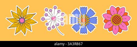 Zeitgemäßes, lustiges, grooviges Blumenset. Handgezeichnete trendige, flache, isolierte, einfache, naive Blumen. Groovige Blumenaufkleber im Retro-Look. Hippie 60er, 70er Jahre Kritzelstil. Vektorabbildung Stock Vektor