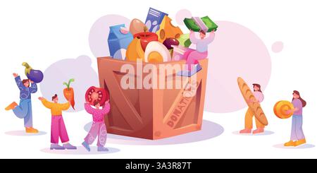 Speisenspende. Wohltätigkeitsbox, Freiwilligenfahrt und Hilfe für kleine Menschen in Lebensmitteln oder Tierheimen. Schlechter Gemeindedienst. Cartoon flache Art isolierte Spende Produktabbildung. Vektorhintergrund Stock Vektor