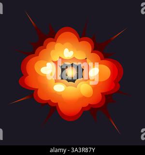 Explosion. Bombenrahmen für Text. Militärisches Symbol. Waffendynamit-Ausleger-Zeichen. Comic-Feuerelemente. Feuerball explodieren, Flammenausbruch zerstören. Rot-orange Farben. Vektor-Cartoon flache isolierte Illustration Stock Vektor