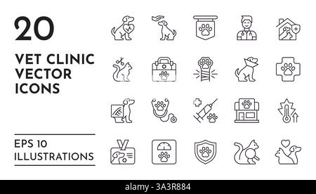 PET-Symbole. VET-Klinik. Tierhandwerk. Medizinische Klinik für Haustiere. Spritze und Pillen. Medizinsymbole. Zoo-Charaktere. Hunde- und Katzenpflege. Gesundheitskontrollzeichen. Piktogramme für Vektorlinien festgelegt Stock Vektor