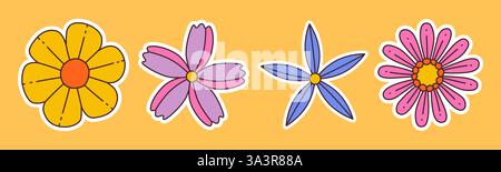 Zeitgemäßes, lustiges, grooviges Blumenset. Handgezeichnete trendige, flache, isolierte, einfache, naive Blumen. Groovige Blumenaufkleber im Retro-Look. Hippie 60er, 70er Jahre Kritzelstil. Vektorabbildung Stock Vektor