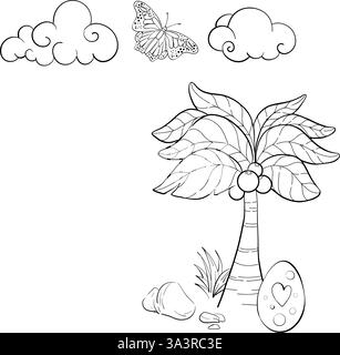 Jurassic Periode Hintergrund Vektorelemente, Natur, Sonne, Wolken, schwarz-weiße Palme im Cartoon Stil. Dinosaurierei. Silhouette für Schaltkreis Stock Vektor