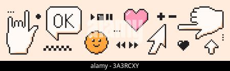 Pixel Game Art Elemente. 8-Bit-Symbole im Retro-Stil. Sprechblase Lächeln Meldung OK Cursor Pfeil Herz. Stock Vektor