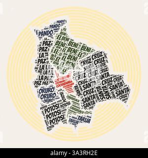 Poster Bolivien rund. Typographische Darstellung des Landes. Regionen Wortwolken von Bolivien. Vintage-Design mit Kratzstruktur. Stock Vektor