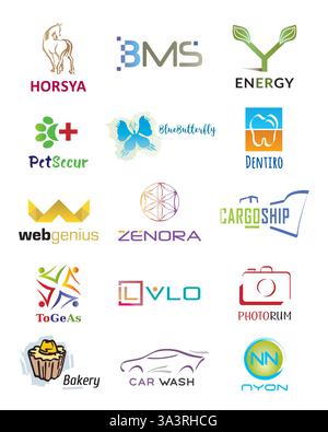 Satz von 15 modernen Logo-Symbolen – verschiedene Elemente – Vektor mehrfarbig Stock Vektor
