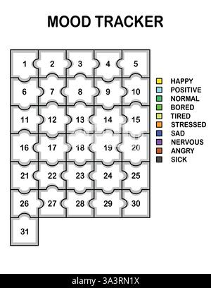 Stimmungs-Tracker in Pixel. Kalender monatlich, jährlich, wöchentlich, tagtäglich. Kalender für persönliche und geschäftliche Probleme. Gefühlsplaner, Gewohnheitstracker Stock Vektor