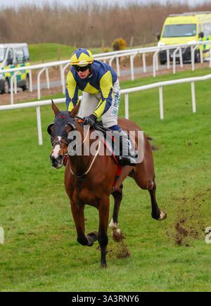 Down Royal, Lisburn, County Antrim, Nordirland. März 2025. St Patrick's Day Race Meeting - Bluegrass Horse Feed Rated Novice Chase - Rennen gewonnen von Lichtkeeper (Nummer 6 (gelbe/marineblaue Tunika), geritten von Danny Gilligan. Quelle: CAZIMB/Alamy Live News. Stockfoto