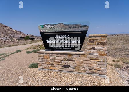 Das Eingangsschild am Cleveland-Lloyd Dinosaur Quarry / Jurassic National Monument, Utah. Stockfoto