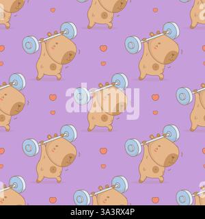 Nahtloses Muster netter Capybara-Sportler mit schwerer Langhantel auf lila Hintergrund. Lustiger Cartoon-Kawaii-Tiercharakter-Athlet. Vektorabbildung. Stock Vektor
