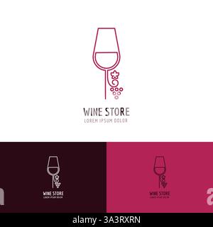 Weinglas und Weinrebe am Stiel. Design-Vorlage für Logo-Symbol-Zeichen-Emblem. Strichgrafik Vektor-Illustration. Weinetikett, Weinhandlung, Barkonzept Stock Vektor