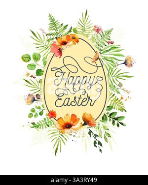 Osterkarte mit grünen Blättern und Blumen. Handgezeichnet. Nicht AI, Vektorillustration Stock Vektor