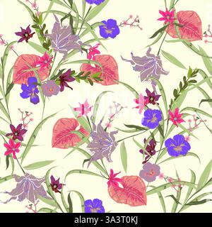 Vintage süßer botanischer Wald Vektor nahtlose Blumenpflanzen Muster. Exotische Blüte viele Arten von Blumen Illustration. Design für Stoff, Web, Fashi Stockfoto