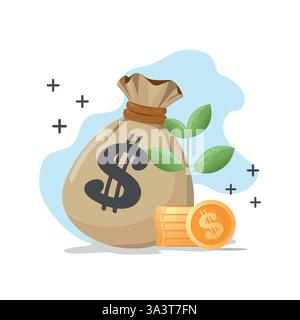 Goldmünzen wachsen auf einer grünen Pflanzenvektor-Illustration. Konzept von Wachstumseinsparungen, intelligenten Investitionen und passiven Einkünften. Geldpflanzen wachsen. Stock Vektor