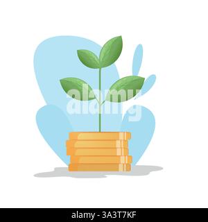 Goldmünzen wachsen auf einer grünen Pflanzenvektor-Illustration. Konzept von Wachstumseinsparungen, intelligenten Investitionen und passiven Einkünften. Geldpflanzen wachsen. Stock Vektor