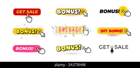 Anklickbare Schaltflächen mit GET SALE und BONUSTEXTEN. Werbebanner für E-Commerce, Marketing, Sonderangebote. Helles, modernes UI-Design. Vektor Stock Vektor