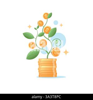 Goldmünzen wachsen auf einer grünen Pflanzenvektor-Illustration. Konzept von Wachstumseinsparungen, intelligenten Investitionen und passiven Einkünften. Geldpflanzen wachsen. Stock Vektor