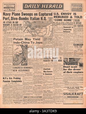 1940-Titelseite Daily Herald italienische Luftwaffe Bombe Somaliland Stockfoto