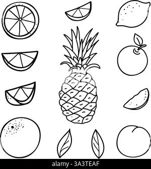 Obstset. Zitrone, Orange, Ananas, Apfel und Pfirsich. Handgezeichnete Vektor-Kritzelelemente von ganzen Früchten und geschnittenen Scheiben. Schwarz-weiß-Strichgrafik Stock Vektor