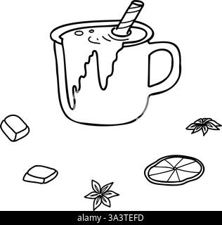 Tasse heiße Schokolade mit Schokoladentafeln und getrockneter Orangenscheibe, Anissterne isoliert auf einem Hintergrund. Vektor-handgezeichnete Illustration in Doodle Stock Vektor