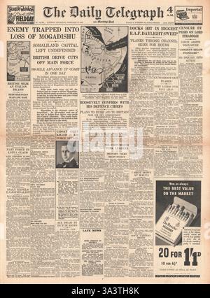1941 Titelseite des Daily Telegraph Imperial Forces erobern Mogadischu im italienischen Somaliland und im Bombenkanal der RAF Stockfoto