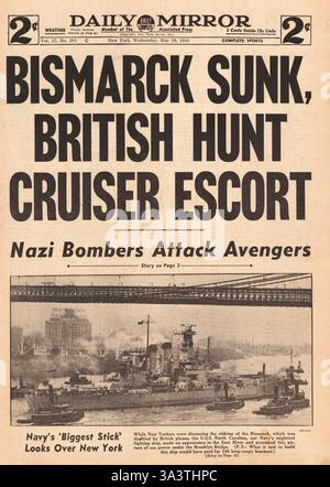 1941-Titelseite Daily Mirror (New York) Royal Navy Flugzeuge Torpedo und Spüle das Schlachtschiff Bismarck Stockfoto