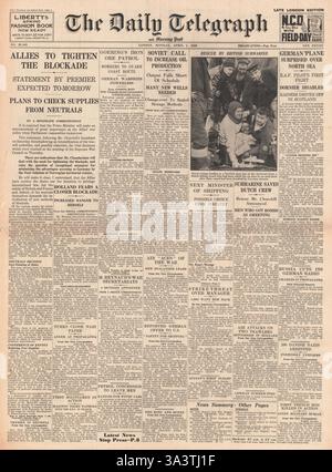 1940-Titelseite Daily Telegraph Verbündeten anziehen Blockade von Deutschland Stockfoto