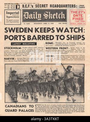 1940 Titelseite Sketch Schweden auf hoher Alarmstufe und kanadische Truppen marschieren durch London Stockfoto