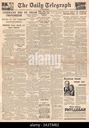 1940-Titelseite Daily Telegraph Schlacht für Norwegen Stockfoto